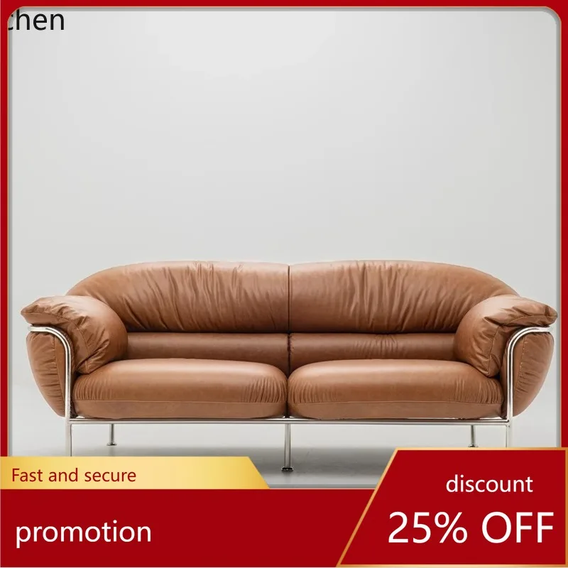 

CZ Vintage Oil Wax Boxing Sofa, Straight Row, for Small Living Rooms, Mid-Century Three-Seater Stainless Steel Leather Sofa