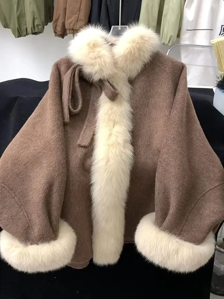 Women Bow Woolen Coats Thick Warm Long Sleeve Fur Collar Patchwork Casual Outwear Preppy Sweet Simple Office Lady Female Tops