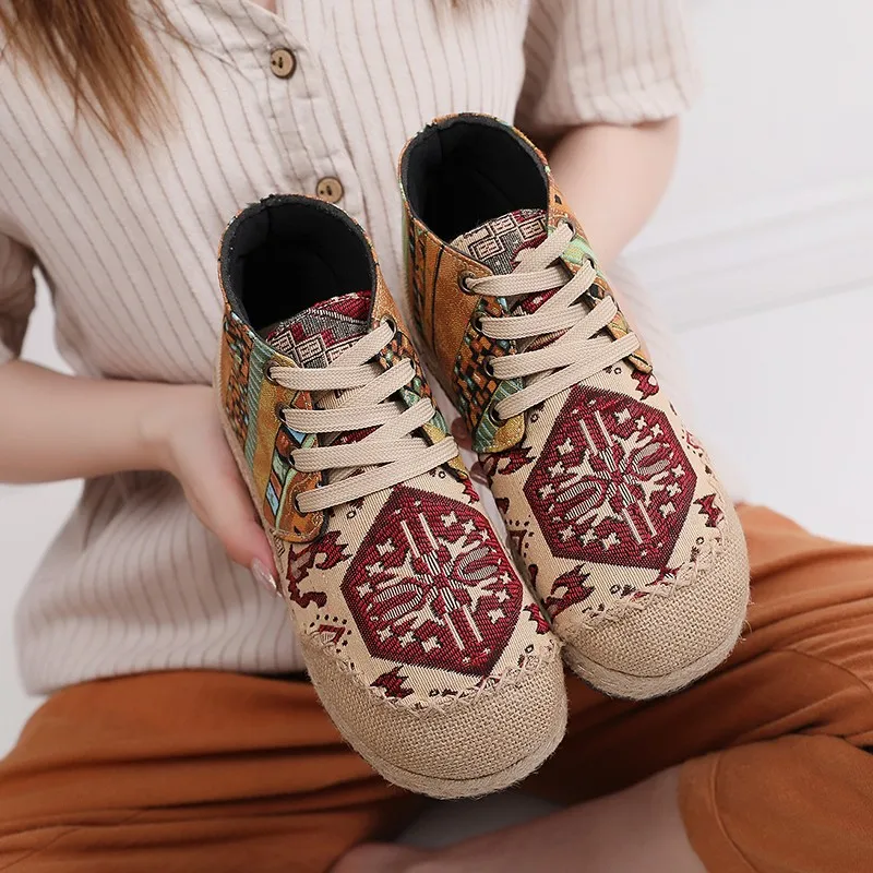 Women Shoes Boho Cotton Linen Canvas Single National Woven Round Toe Lace Up Cloth Shoes Woman Casual Flat Booties Shoes Size 40