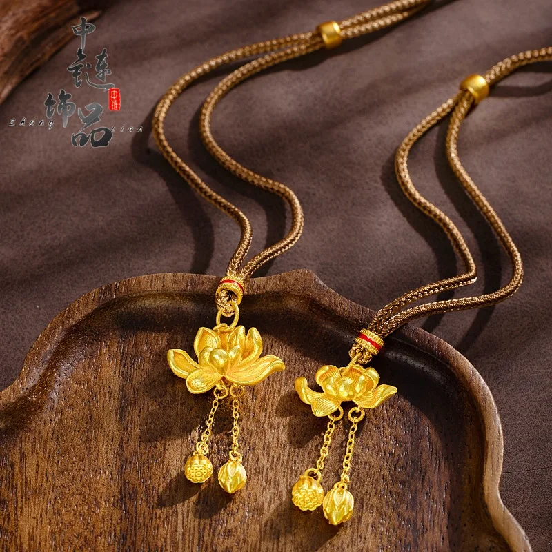 9999 gold two-world joy lotus tassel pendant; New Chinese style harmonious two-world lotus flower necklace