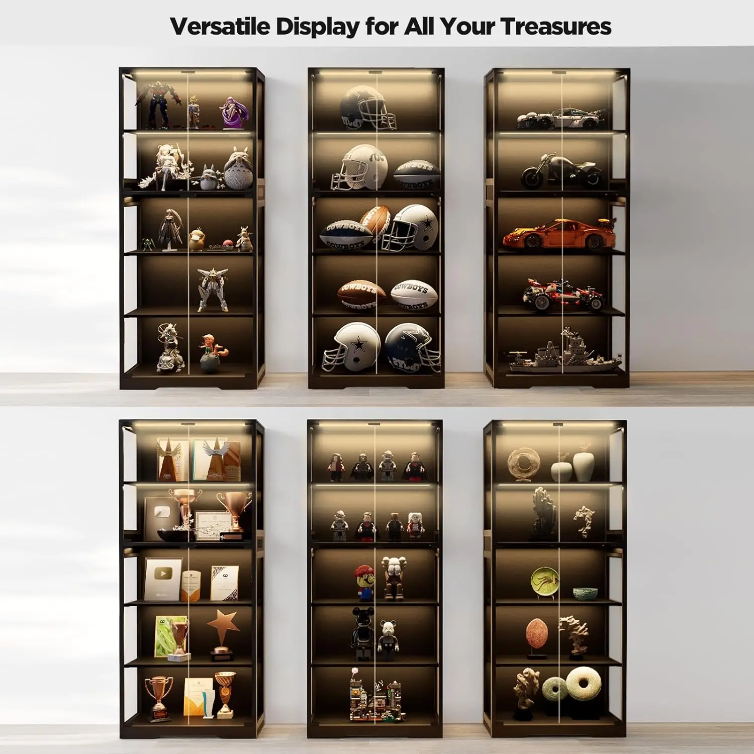5-Tier Display Cabinet, Bookcase with Glass Doors, Dimming LED Lights & Motion Sensor, for Collectible Figures, Customized - view 6
