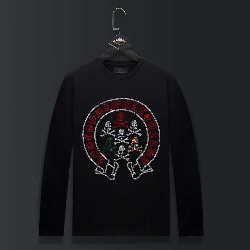 

Plus Size Rhinestones Skulls T Shirts Men Tops Fashion Streetwear O Neck Long Sleeve Slim Modal Cotton Tshirts Mens Clothing
