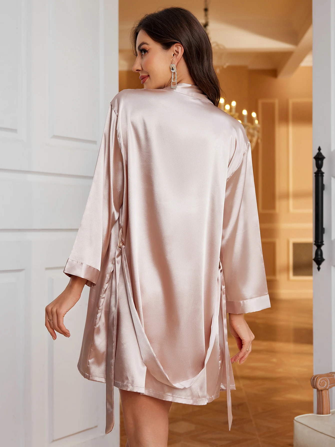 Women's Satin Lace Trimmed Pajama Set Sexy Cozy Two Piece Pajama Set Home Wear For Fall/Winter