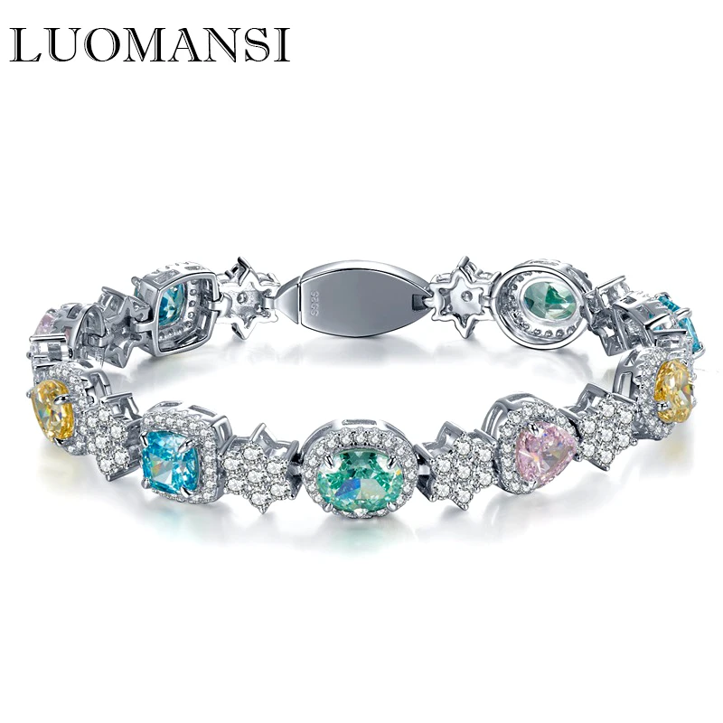 

Luomansi Multicolor High Carbon Diamond Bracelet 100%-S925 Sterling Silver Fine Jewelry Wedding Party Crystal Gift