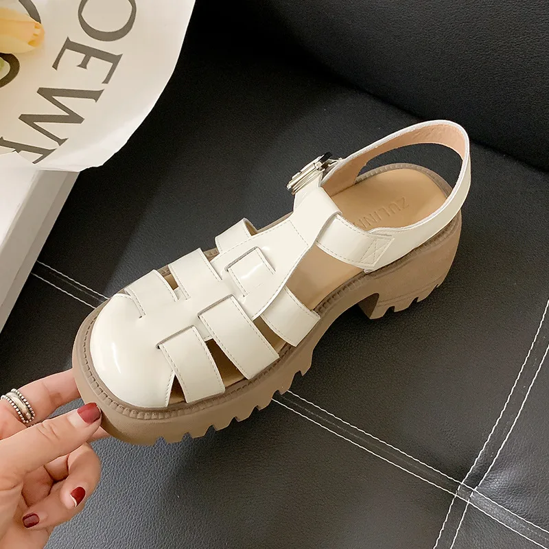 

Women's roman Sandals Women's platform shoes chunky heels retro hollow out woven shoes 2022 new summer Latex insole Cow leather