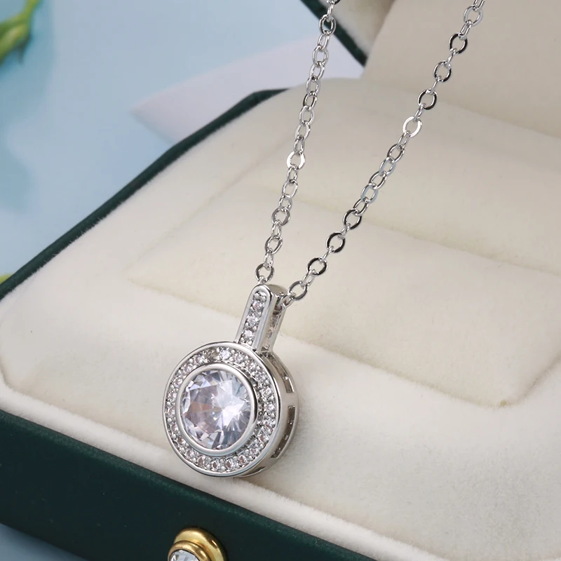 2022 New Luxury Zircon Necklaces Silver Color Round Pendant Necklaces Elegant Long Chain Girl’s Wedding Party Classic Jewelry