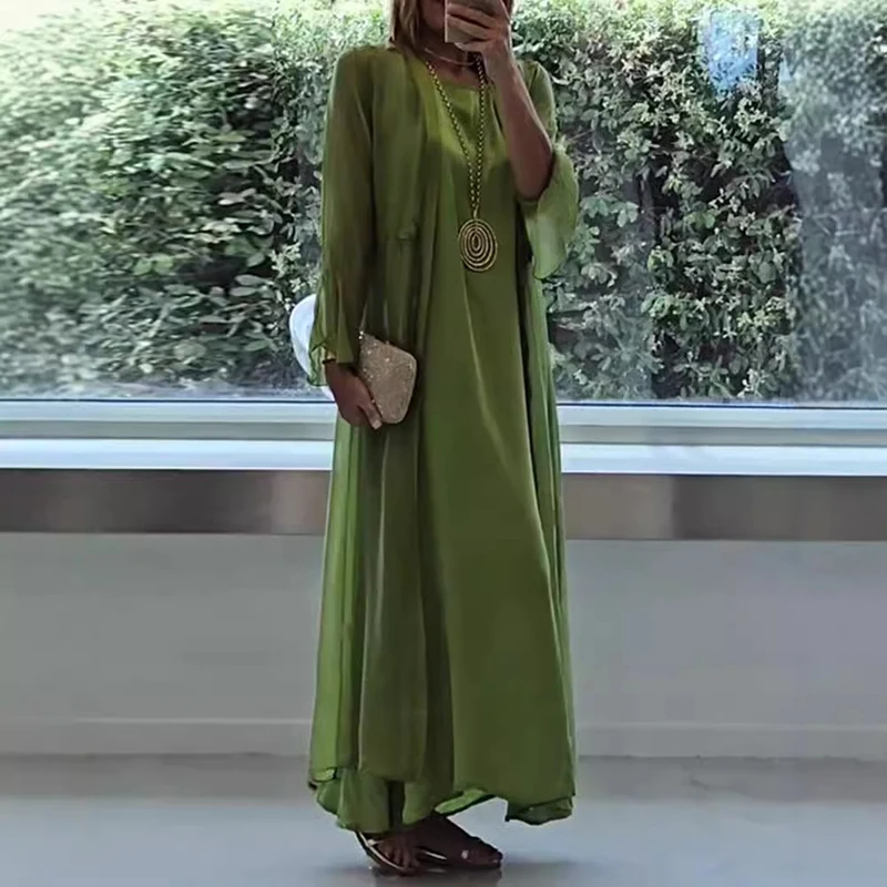 Elegant Solid Color Long Dress Set 2 Piece Women Spring Crew Neck Bohemian Dress With Long Cardigan Autumn Loose Female Clothing