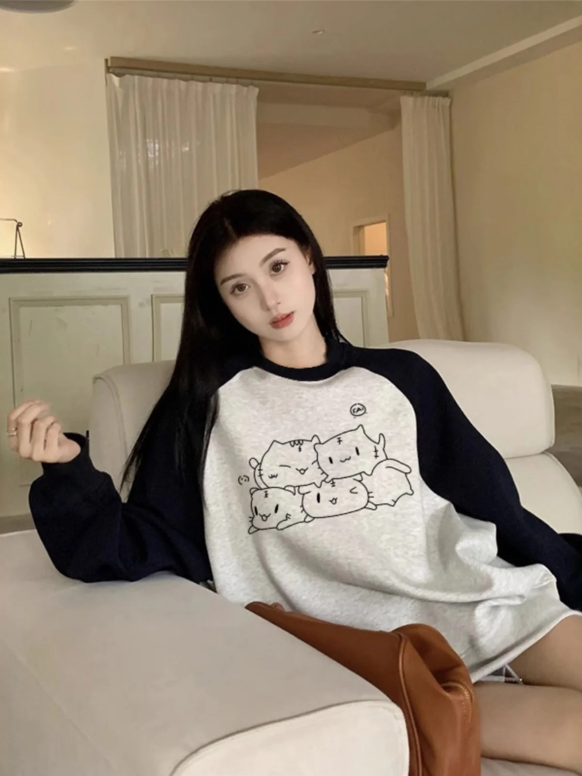 

Retro Oversize Hoodie Couple Matching Fleece Lined Shoulder Insert Sweatshirt Korean Style Long Sleeve round Neck Coat