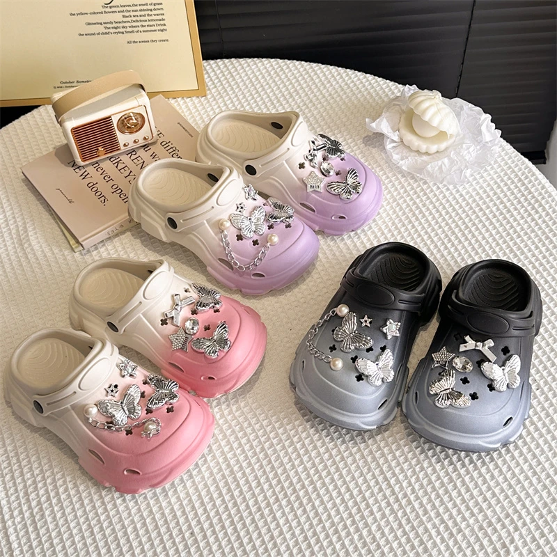 Cartoon Butterfly Pearl Multiple Chain Clogs Boys Girls, Parent-Child Outdoor Slippers, Non-Slip Height-Increasing Closed-Toe