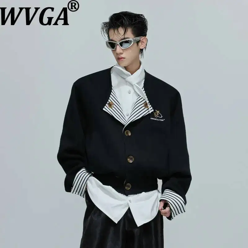 

WVGA Spring Autumn New Man Striped Fake Two-Piece Patchwork Trendy Collarless Jackets Niche Chic Casual Embroidered Coats W12858