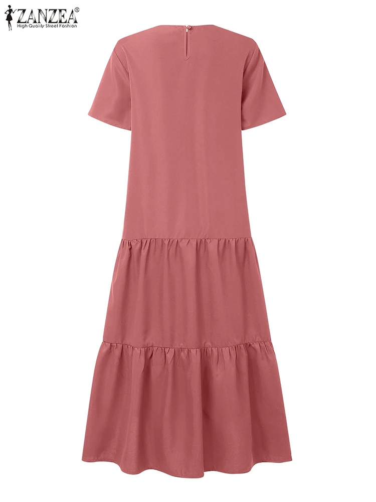 Zanzea feminino casual em camadas maxi vestidos 2025 verão o-pescoço manga curta a linha robes femme férias moda sólida vestidos