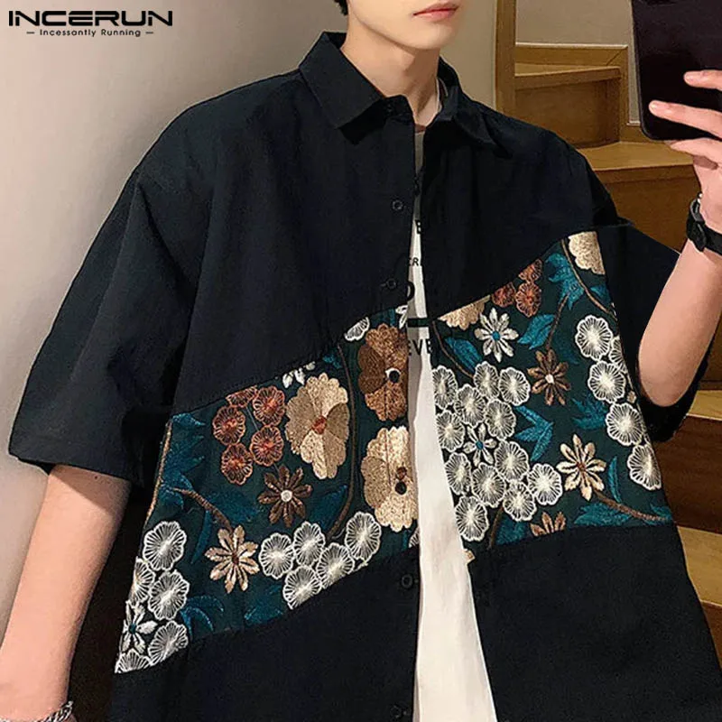 INCERUN Tops 2024 Korean Style Fashion Men Patchwork Lace Embroidery Flower Shirt Handsome Male Short Sleeved Lapel Blouse S-5XL