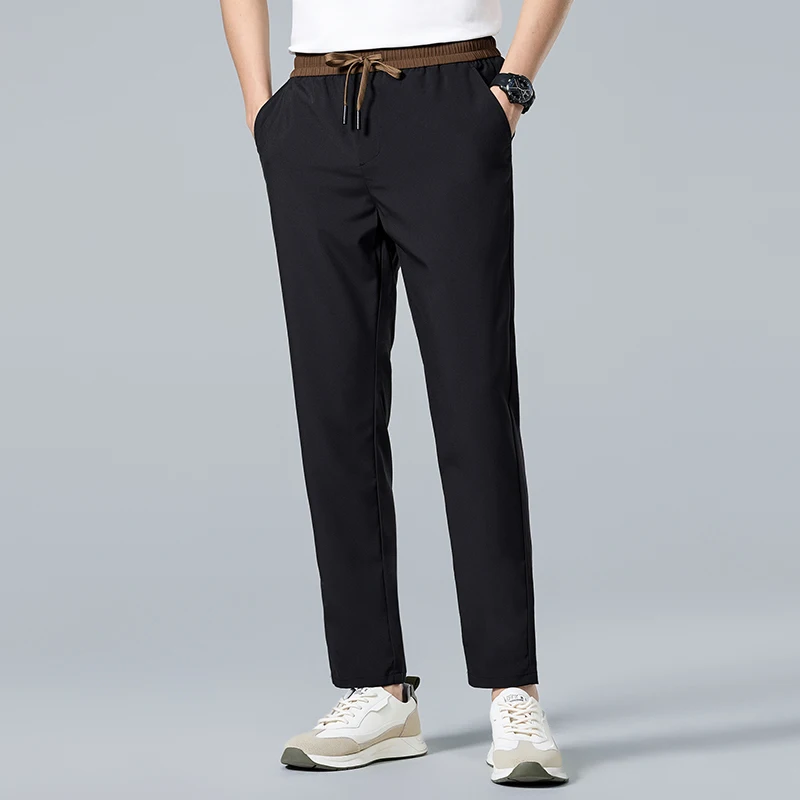 Men's Summer Slim-fit Stretch Slacks Outdoor Windproof Solid Color Ice Silk Slacks Men's Simple Elasticated Waist Slacks