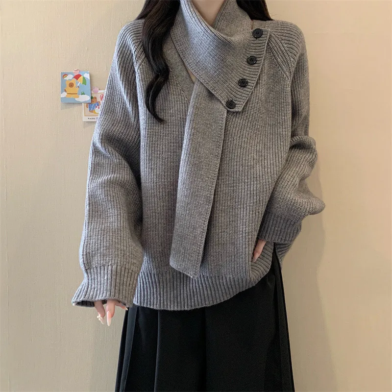 Korean Version Detachable Scarf Sweater for Women's Autumn Winter Design Sense New Knitted Sweater Top Scarf Two-piece Set