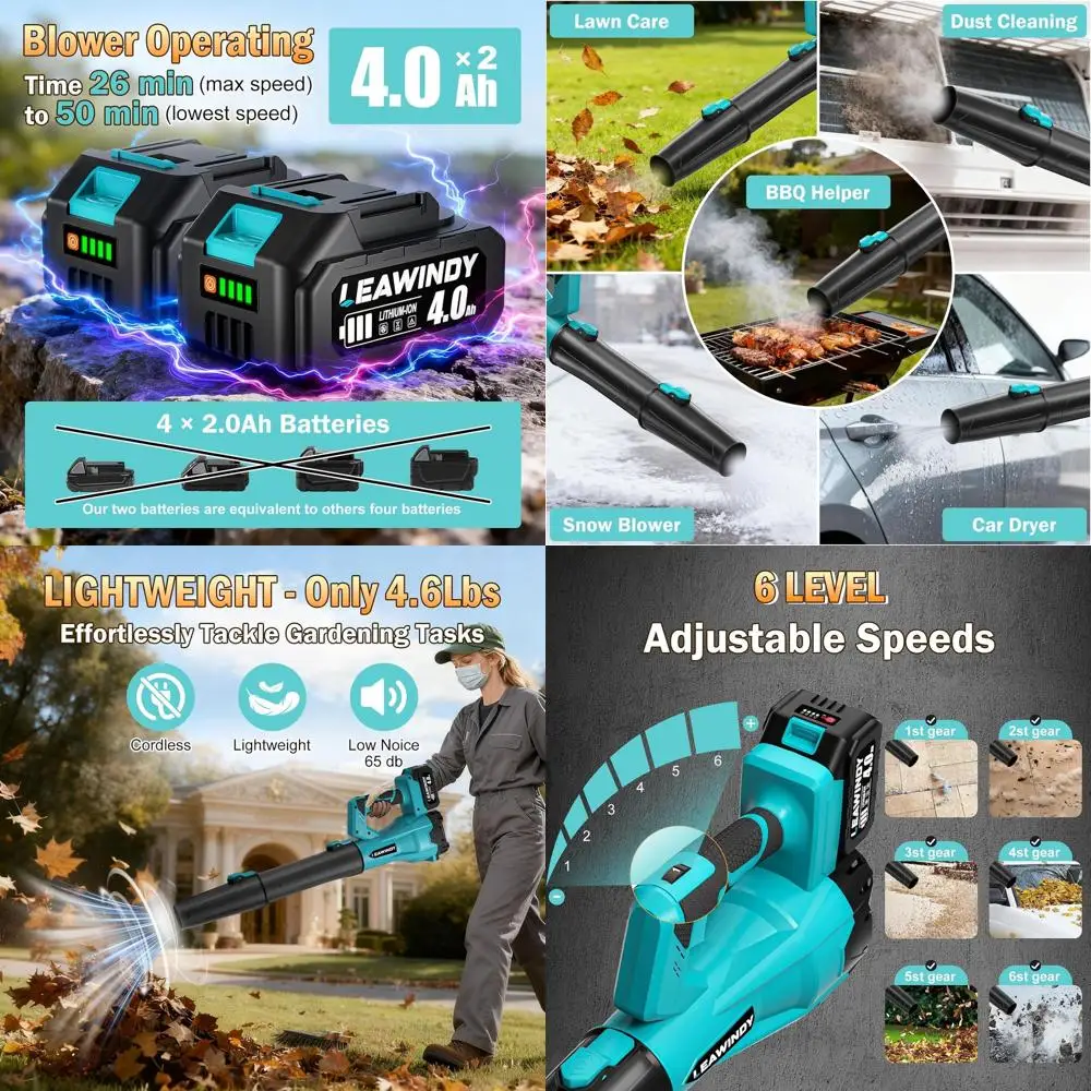 

Cordless 6-Speed Leaf Blower, 900,000 RPM, 2 x 4.0Ah Batteries, 21V Lawn Blower for Yard & Patio Cleaning