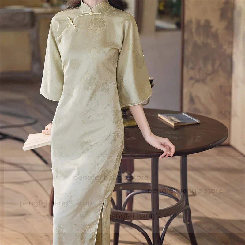 

Women Elegant Big Sleeve Qipao Vintage Satin Green Flower Chesongam Sexy Split Improved Qipao Vestidos Evening Party Hanfu Dress