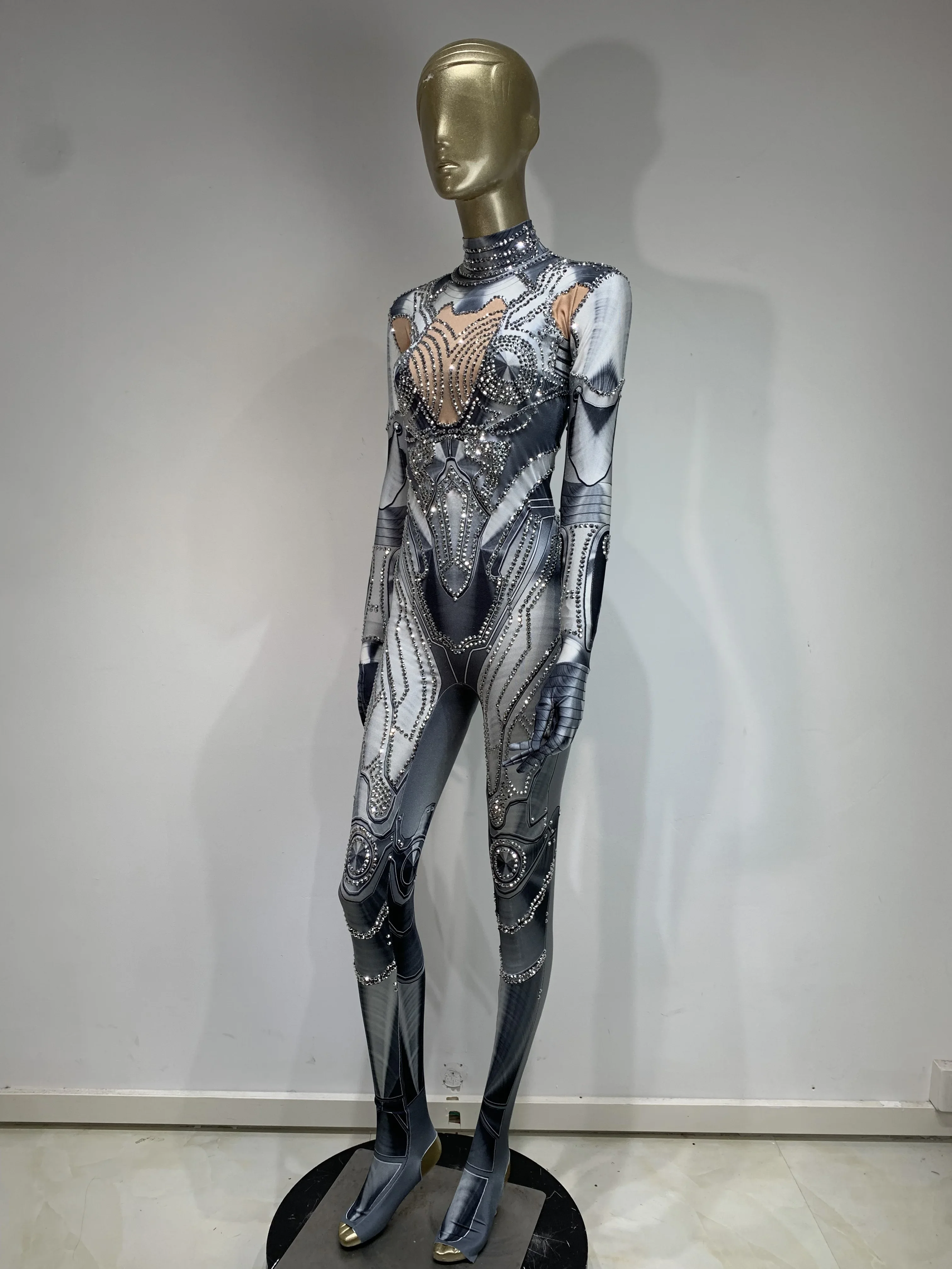Women Sexy Sparkly Rhinestones Bodycon Jumpsuit Long Sleeve High Stretch Evening Party Singer Dancer Performance Stage Costume