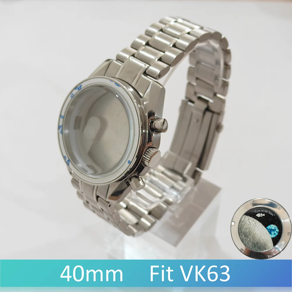 Fit VK63 Case 40mm Moon Watch 316L roestvrij staal Mineraalglas 20mm band Zilver/zwart Monteren de horloges Vervang onderdelen