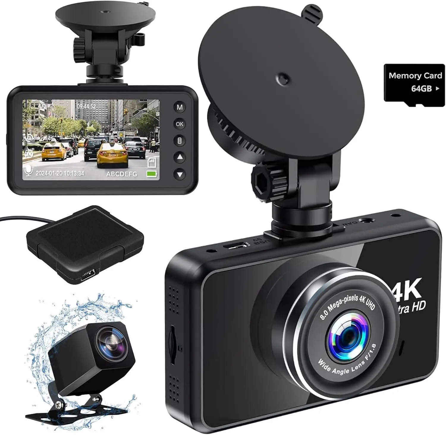 

Видеорегистратор 4K с GPS, передняя 4K и задняя часть 1080P, 64 ГБ, ночное видение, парковочный монитор, 170 ° Широкоугольный (черный)