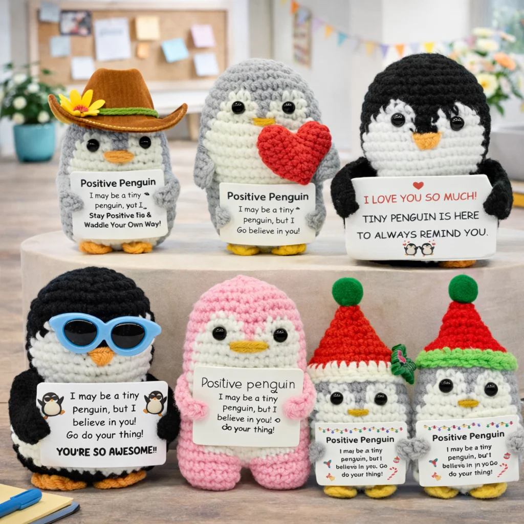 AnimalSeries Positive Energy Penguin Crochet Doll, Handmade Knitted Decor Ornament with Encouragement Card, Mini Desk Decor Gift