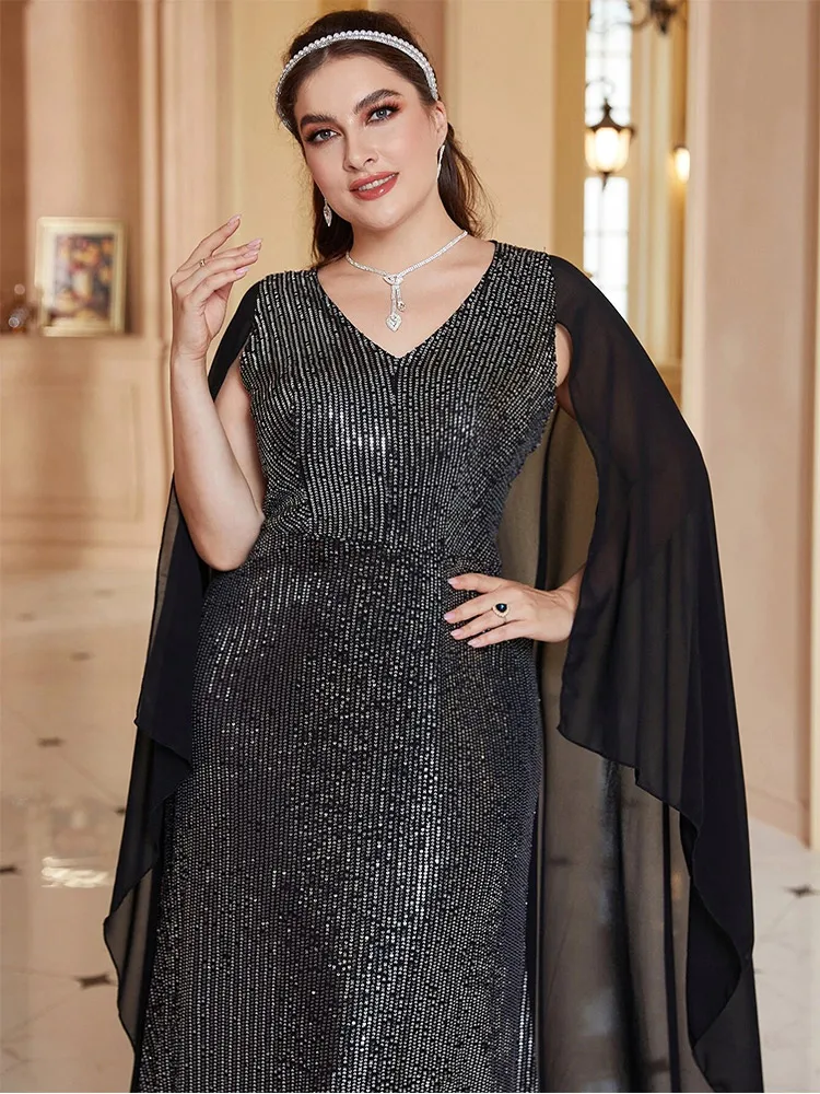 Plus Size V-Neck Silver Striped Black Shawl Floor-Length Wedding Evening Dress 4xl5xl Big Size Black Shawl Prom Gowns Women