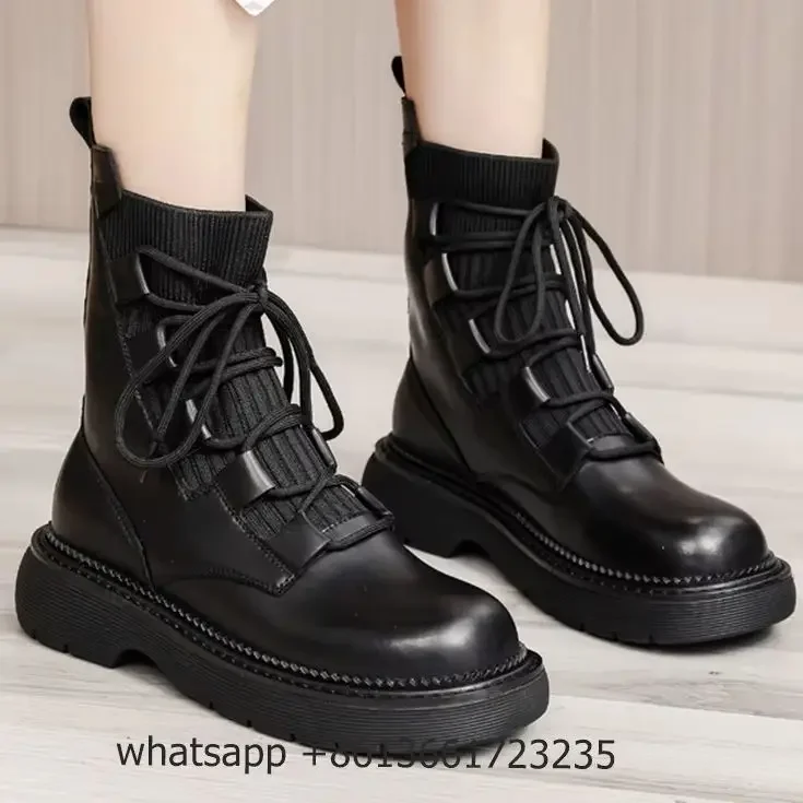 

Black Leather Cross Lace Up Boots Women Fashion Round Toe Platform Flat Heel Ankle Boots Stretch Cloth INS Real Leather Shoes