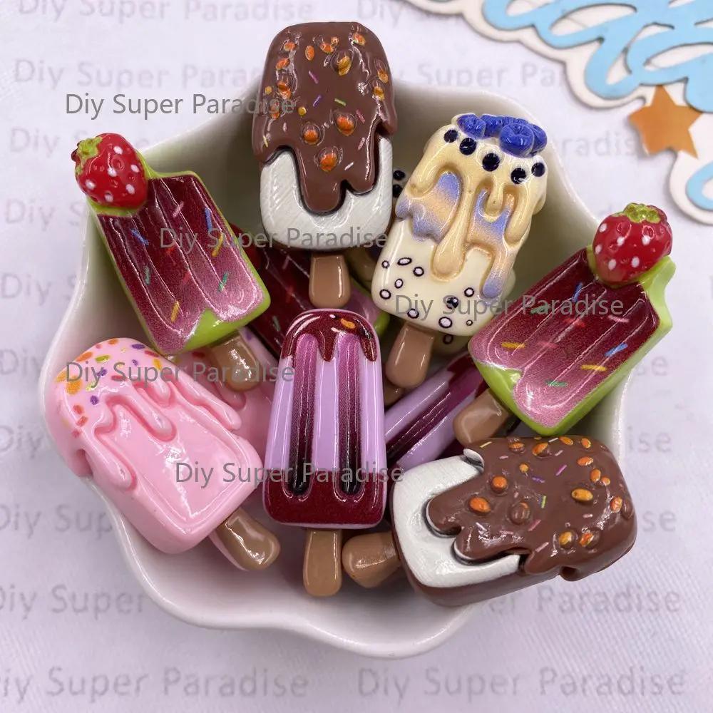 10 Stück bunte Harz-Figuren in Form von Blaubeeren, Erdbeeren und Schokoladen-Eis am Stiel, flache Rückseite, für Scrapbooks, DIY-Dekoration und Bastelarbeiten