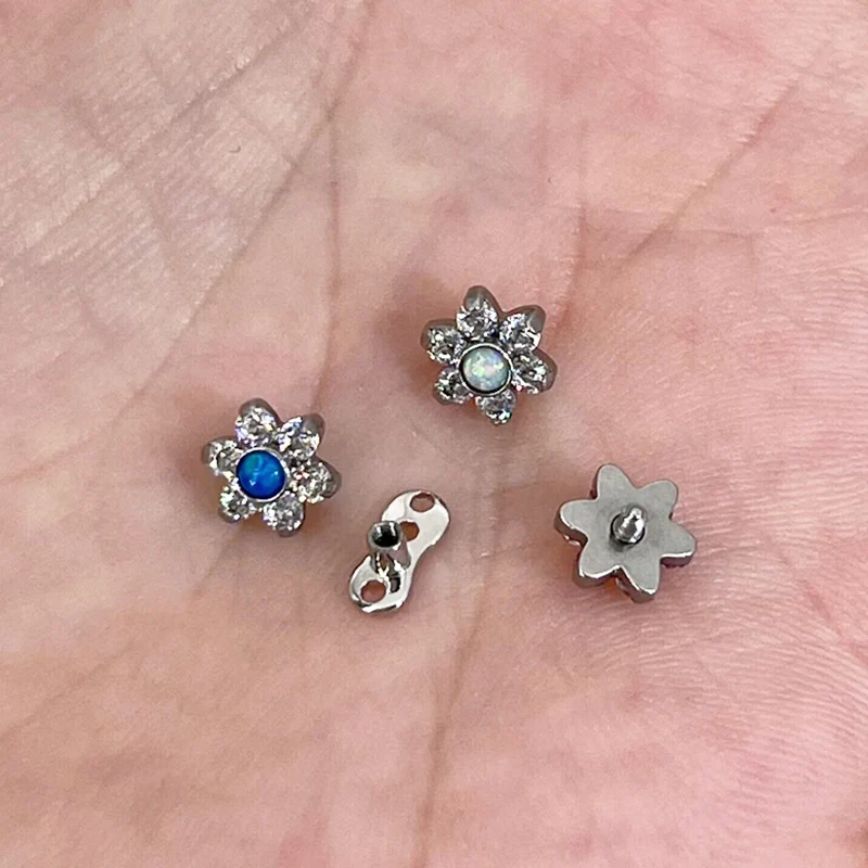 1Pc 16g Opal & Zircon Flower With Titaniuim Base Micro Dermal Ball Micro Dermal Anchor Piercings Surface Piercing jewelry