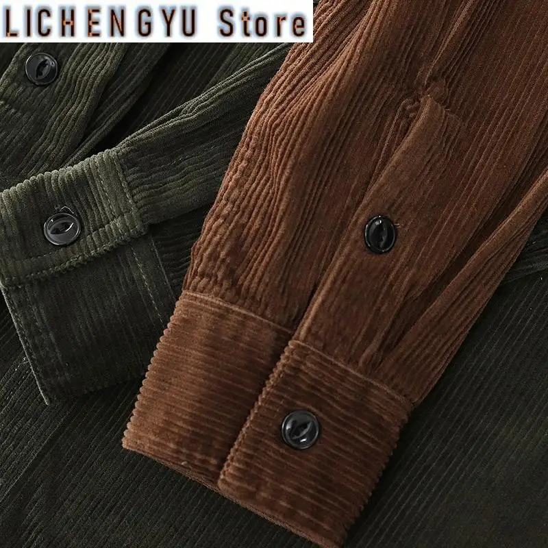 Autumn and Winter New American Retro Thick Corduroy Solid Color Cargo Shirt Men's Pure Cotton Long-sleeved Pocket Casual Blouses