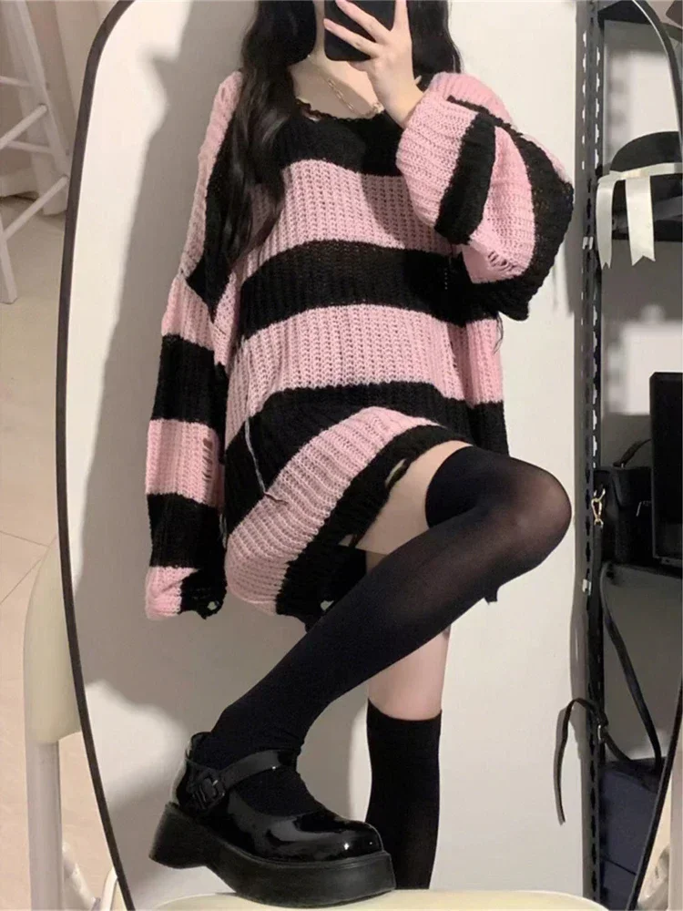 Deeptown-Women\'s Pink Striped Sweaters, Harajuku Vintage Black Knitted Jumper, Grunge Sexy Hole Hollow Out Loose All-match Tops,