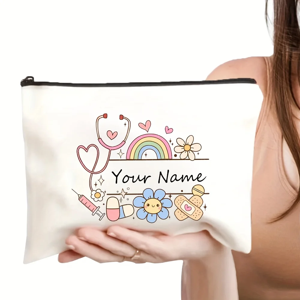 Personalized Name Rainbow Nurse Cosmetic Bag Medical Themed Design with Hearts Stethoscopes Pills Foldable Zipper Travel Nurses
