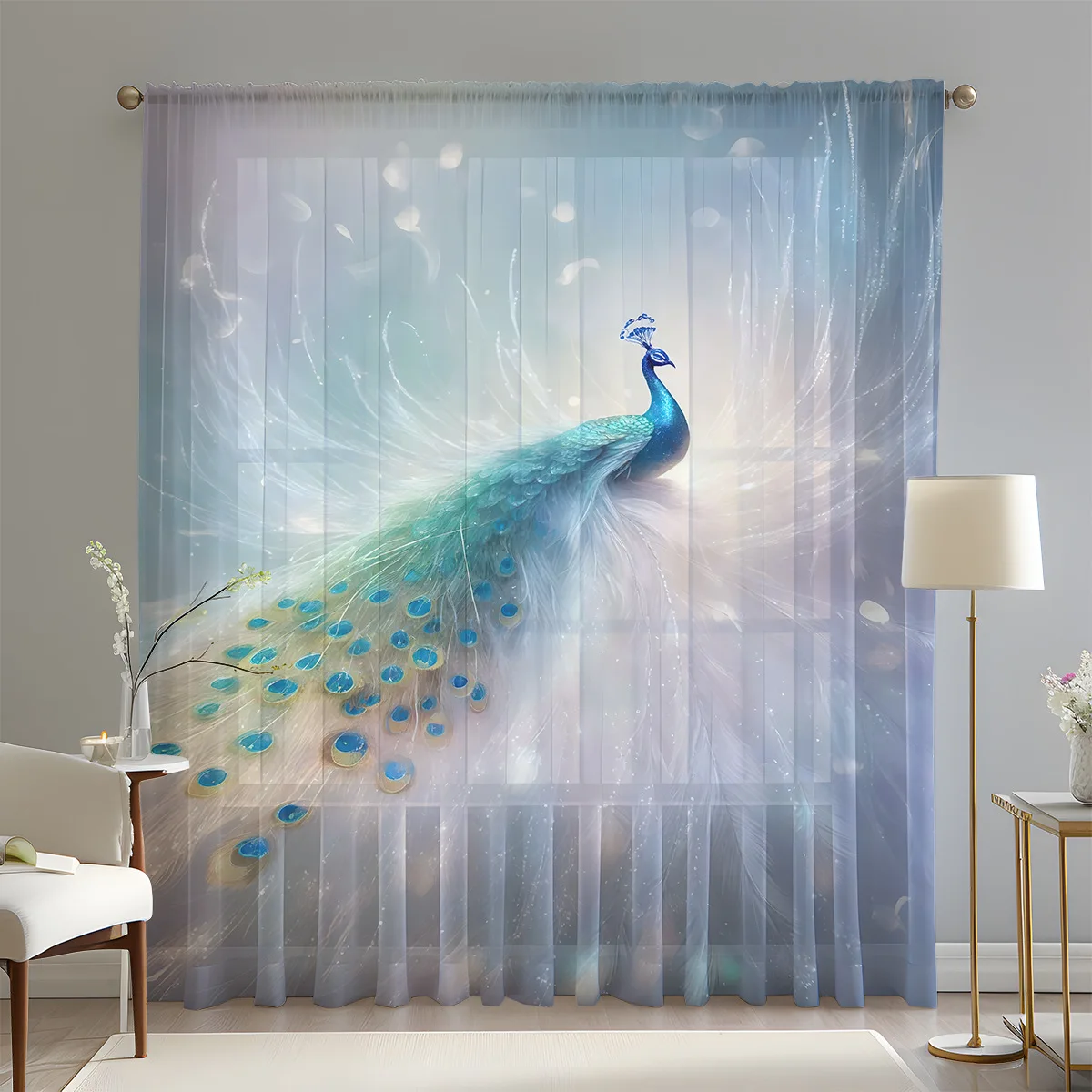 1pc 3D Printed Peacock Window Curtain Digital Art Fresh Style Living Room Bedroom Decoration Rod Pocket