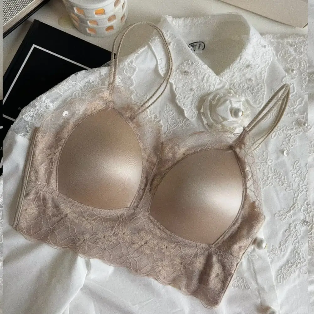 

Comfortable French Style Satin Silk Bra Vest Thin Lace Mesh Wireless Deep V Bras Push Up Underwear Women Brassiere Daily