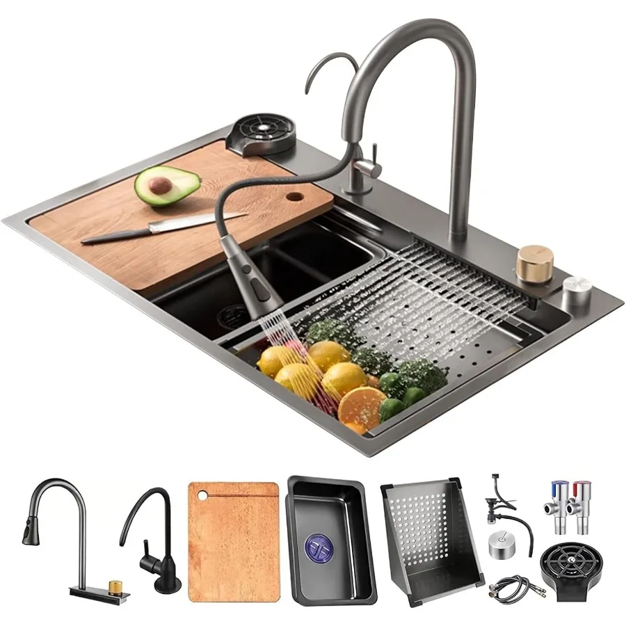 

Stainless steel kitchen sinks single bowl above and under counter basins multifunctional black sink with waterfall pull out fau
