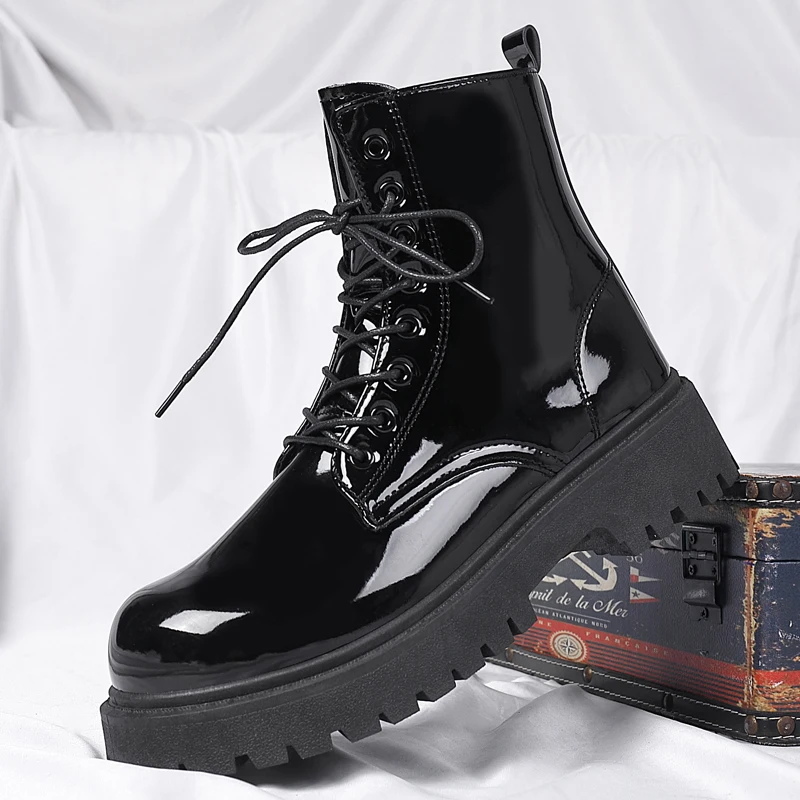 New Men Shiny Surface High Top Boots,Autumn Winter British Style Motorcycle Boots,Thick Sole Height Increasing Casual Work Boots