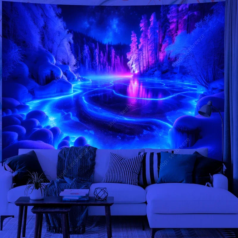 

Charming Aurora frozen lake UV reactive tapestry wall hanging aesthetic room decor for Boho home decor gift for friend