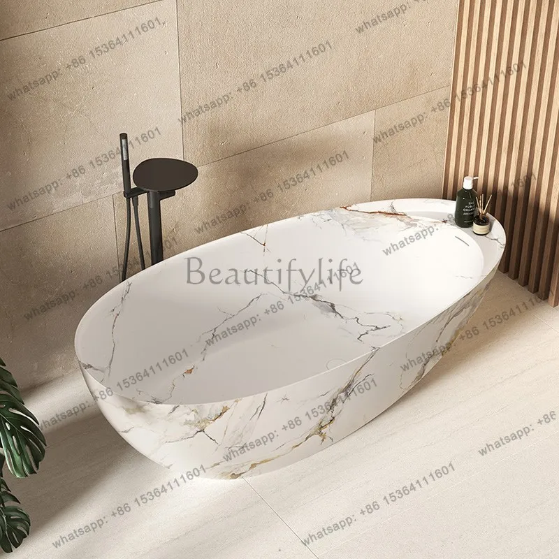 1.7m Natural Marble Freestanding Bathtub, Egg-Shaped Double Soaking Tub with