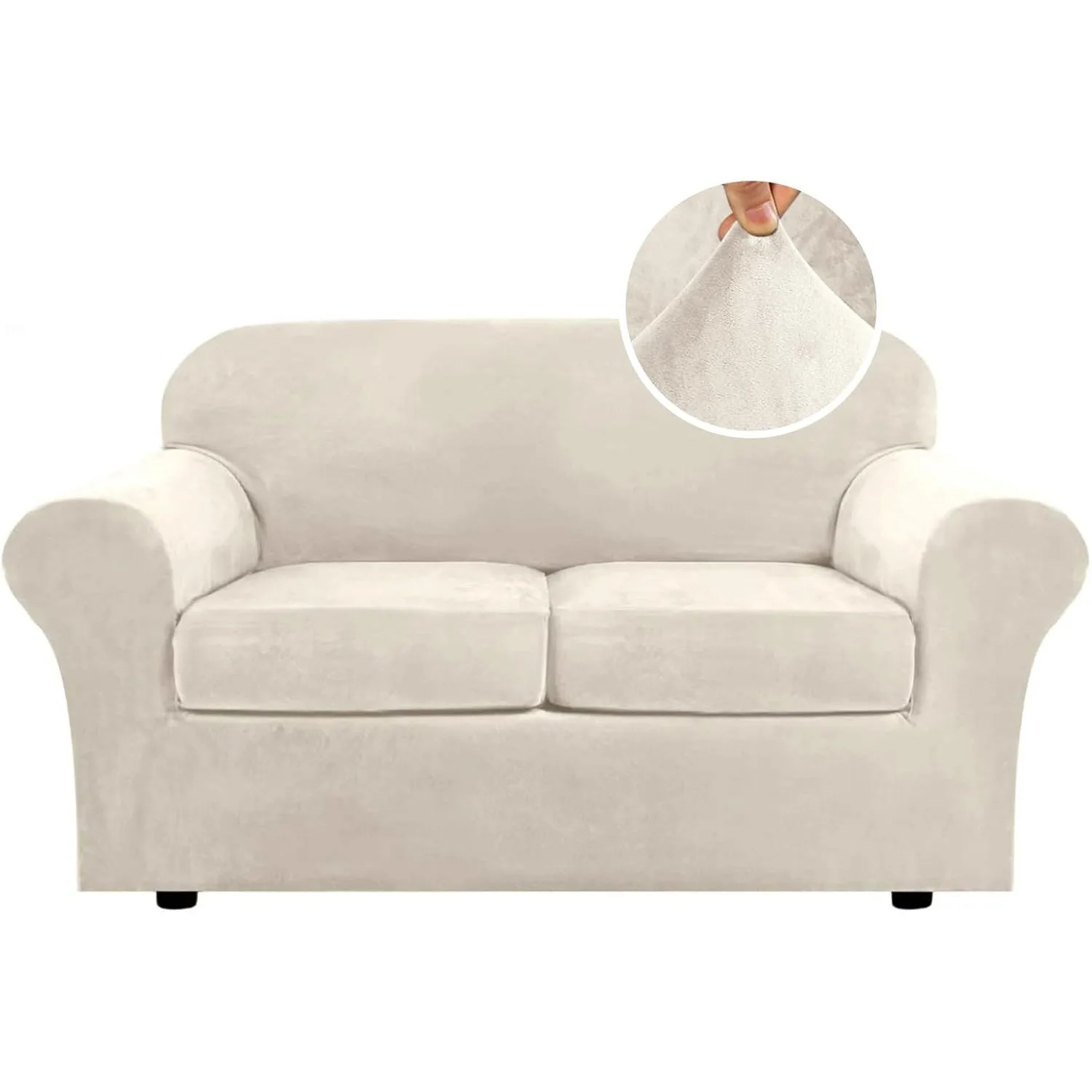 

True Velvet Plush 3-Piece Elastic Sofa Cover 2-Pad Sofa Cover Width Up to 72 inches Features Thick Soft Fixation (Medium, Ivory)