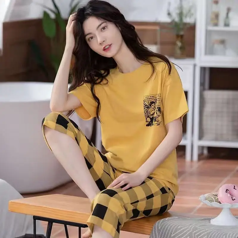 Women\'s 2024 Spring Summer New Cotton Short Sleeve Cartoon Pajamas Two Piece Girl Cute Pijamas Thin Sleepwear Home Clothing Suit