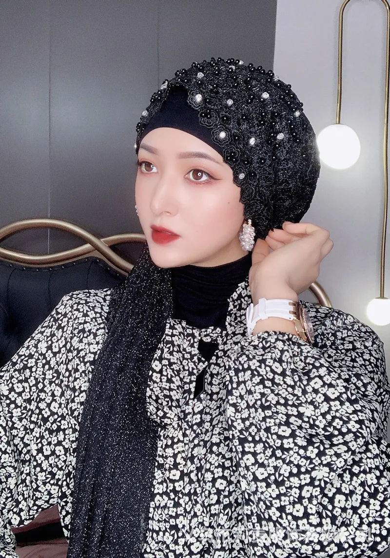 

Lace Fabric Pearl Beaded Headite Instant Scarf Hijab Dubai Muslim Women Shawl Headscarf Prayer Islam Saudi Arabia Lace Turban