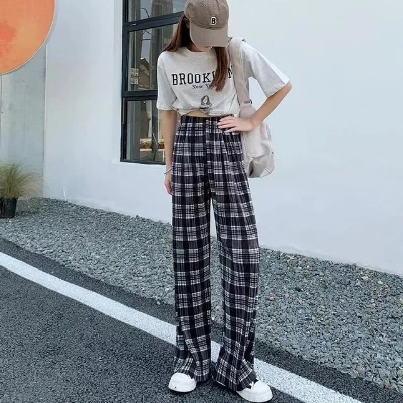 Black White Lattice Pleated Casual Straight Pants Women Thin Popular Plaid Pants Loose Wide Leg Pants Elastic Waist Hanging Pant