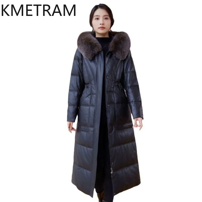 Winter Jacket Women Real Sheepskin Down Coats Fox Fur Collar Extra Long Coat with Hood 2024 Fashion Womans Clothing пуховик