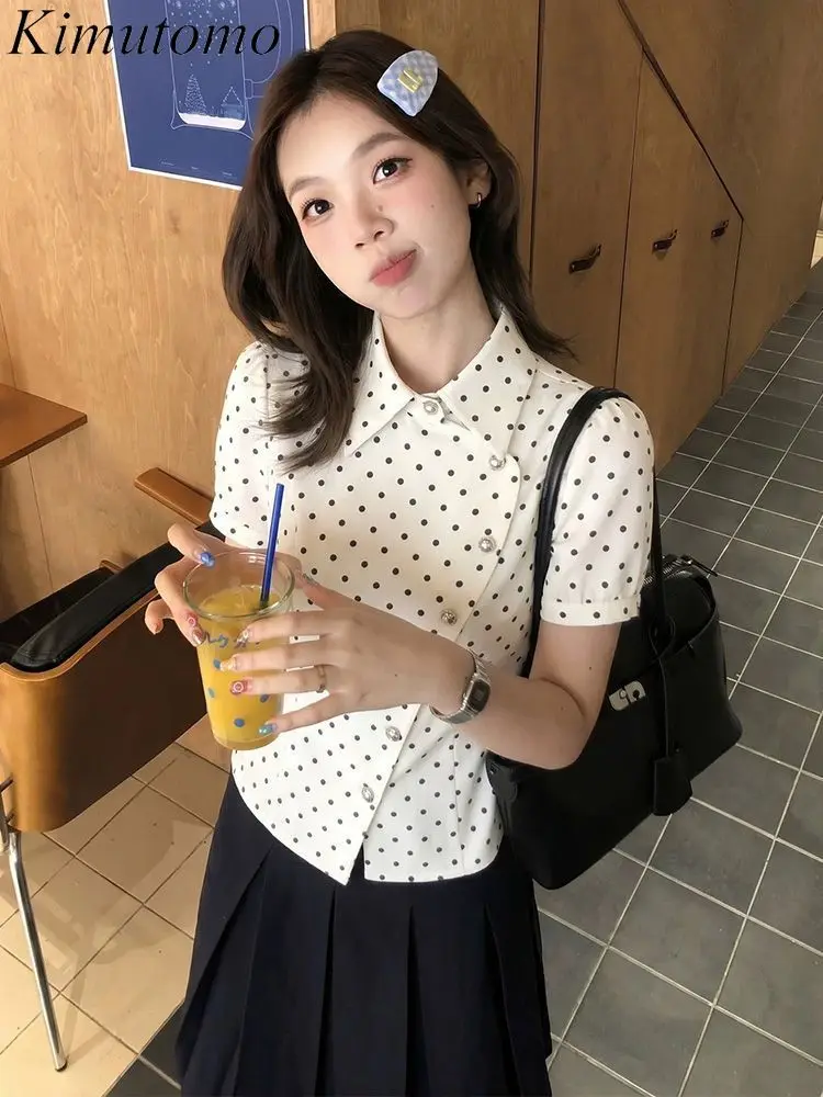 kimutomo Y2K Harajuku Polka Dot Blouse Women Side Button Asymmetrical Top Slim Fit Short Puff Sleeve Shirt Aesthetic 2026