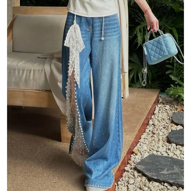 Lace Patchwork Jeans Women Korean Side Slit Sexy Denim Pants Sheer Elegant Sweet High Waisted Straight Fashion Wide Leg Pants