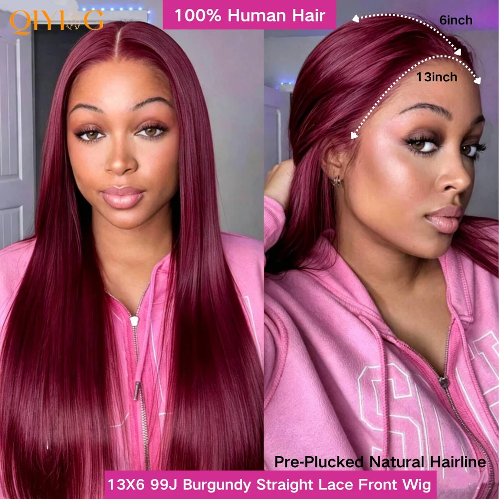 Burgundy 99J Straight 13x6 HD Lace Frontal Human Hair Wig Pre‑Plucked Baby Hair Glueless Brazilian Virgin Human Hair Wigs For Women 180% Density Long Silky Straight Wine Red Colored Lace Front Wig