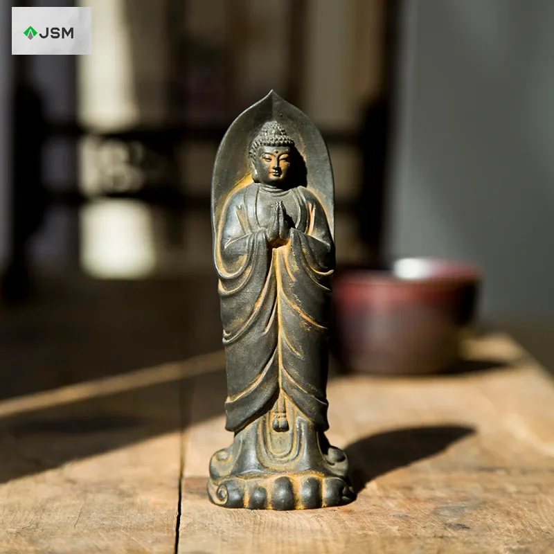 Chinese Standing with Hands Folded Tathagata Buddha Shakyamuni Imitation Cast Iron Desktop Decor