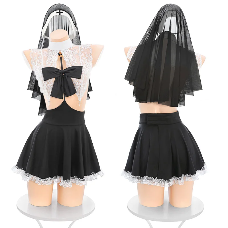 

Sexy Nun Cosplay Maid Uniform Lingerie Women Lace Bow Maidservant Dress Temptation Pajamas Outfits Cross Headpiece Veil Costumes
