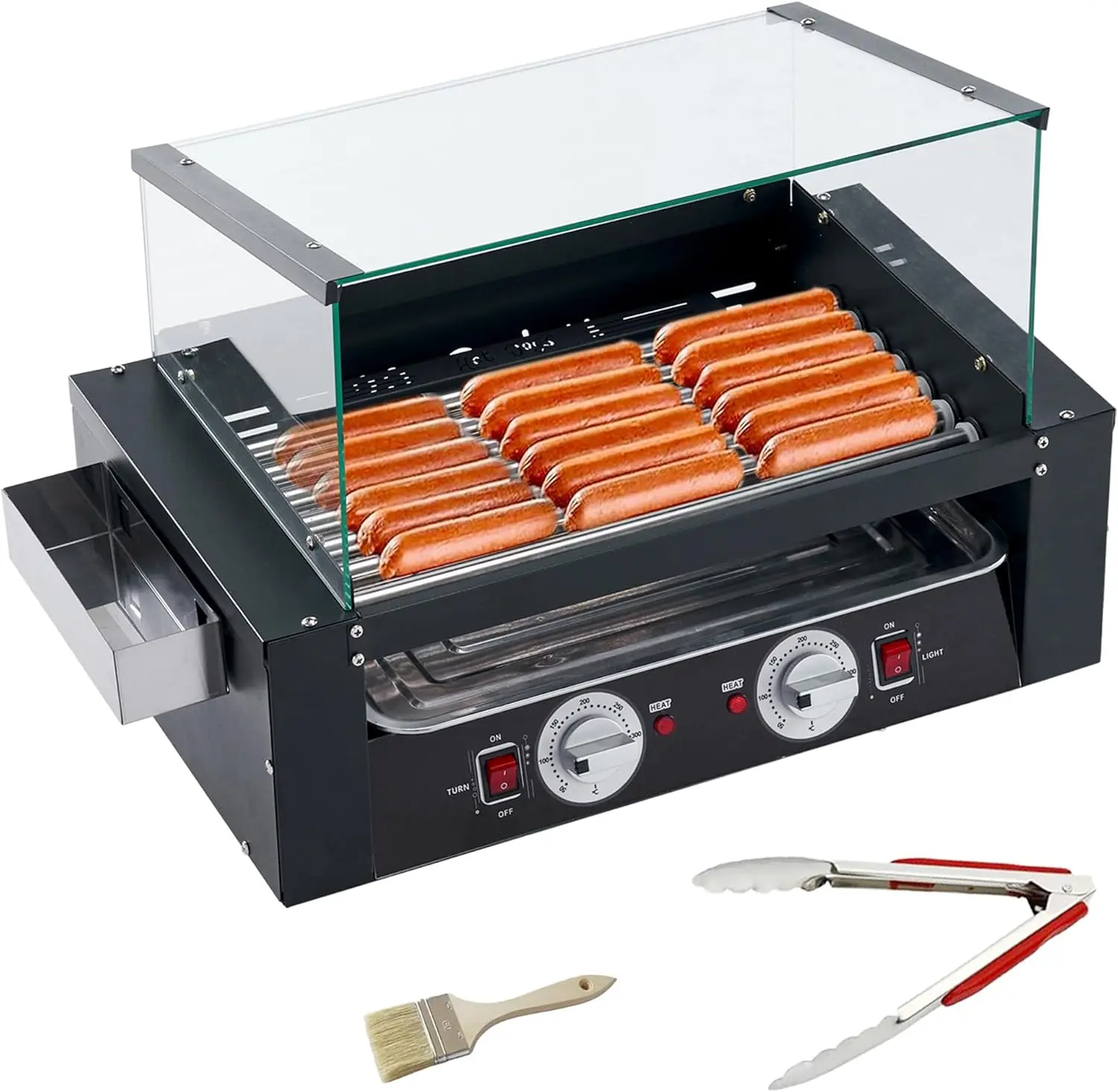 7 Rollers Large Capacity Hot Dog Machine, Dual Temp Control Stainless Hotdog Roller Grill with Glass Guard, LED Warm Light for C