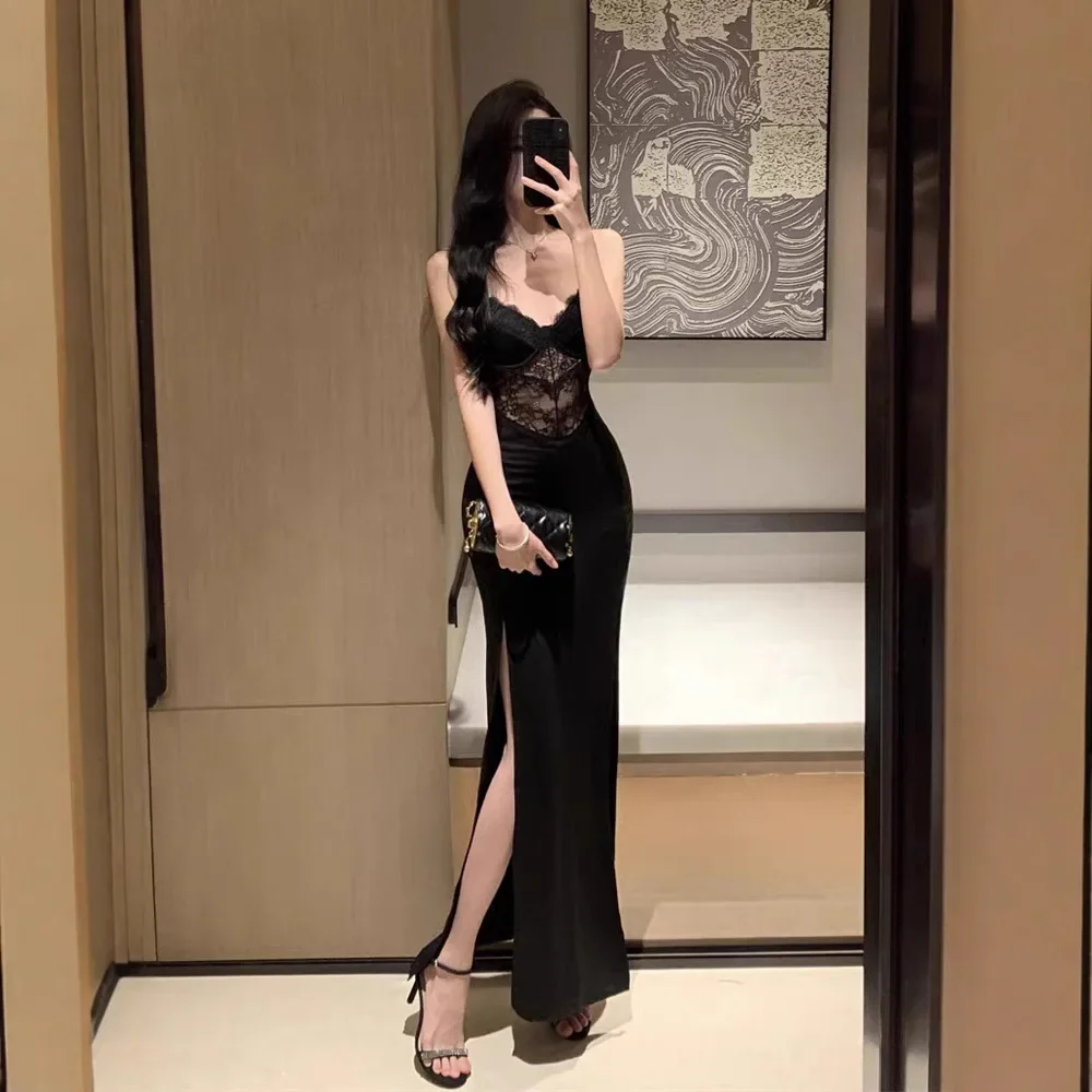 الدانتيل الأسود لصق مثير مفتوح سبليت Bodycon الخصر Cinched ثوب مسائي فستان مع وسادة الصدر حزام فستان المرأة المألوف