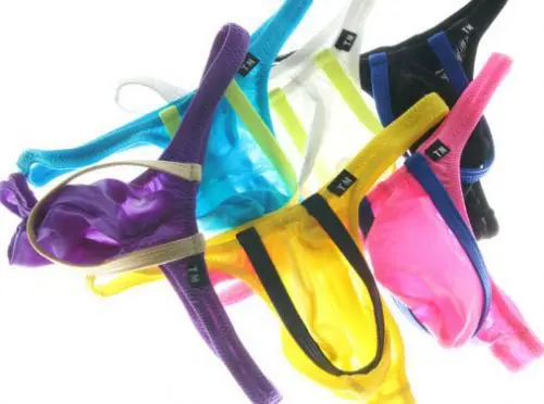Shiny Nylon Thong for Men Low Rise Contrast Trim Big U-Pouch Elastic Breathable T-back Underwear